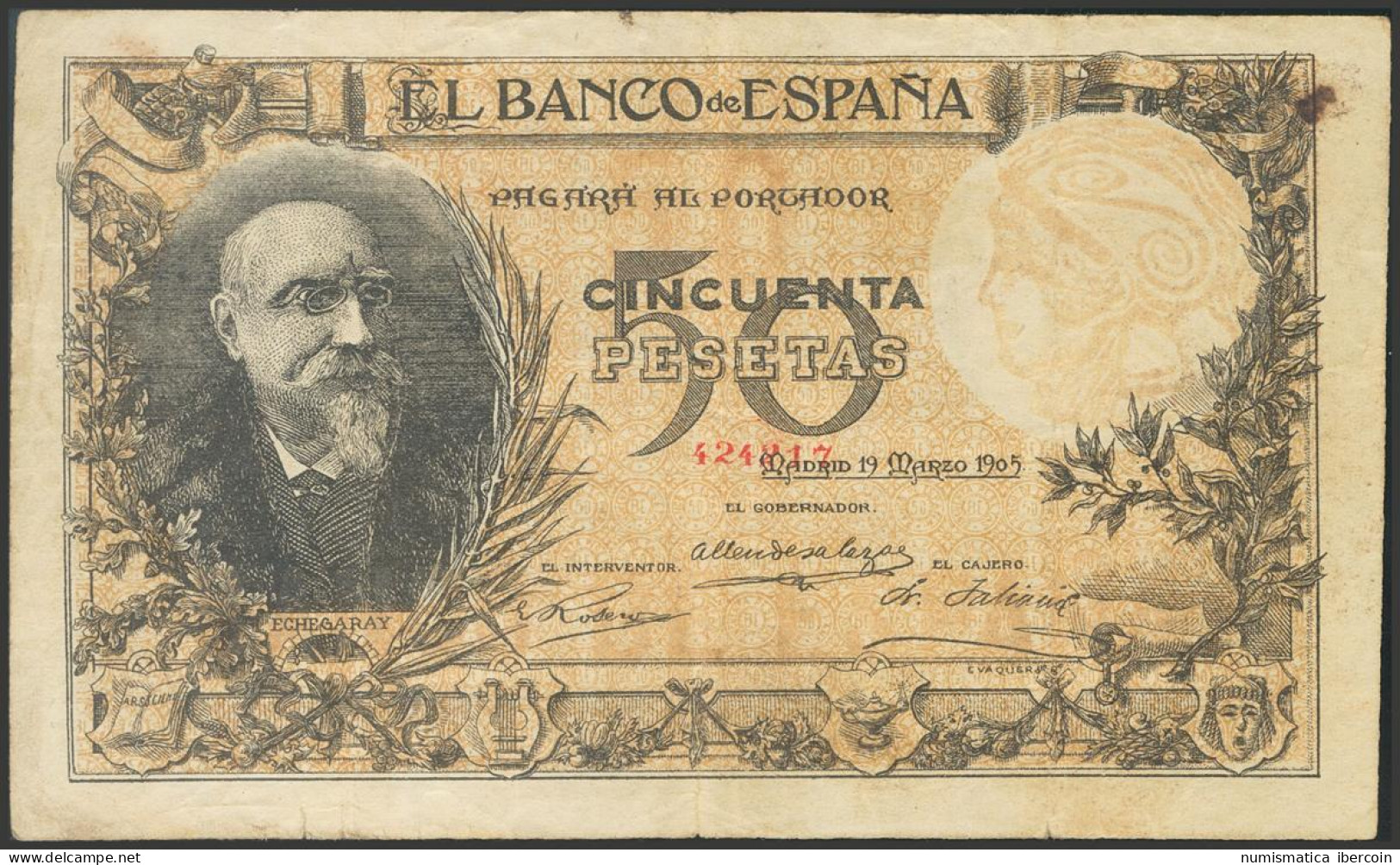 50 Pesetas Falso De Epoca. 19 De Marzo De 1905. Sin Serie. (Edifil 2017: 312f). - Altri & Non Classificati