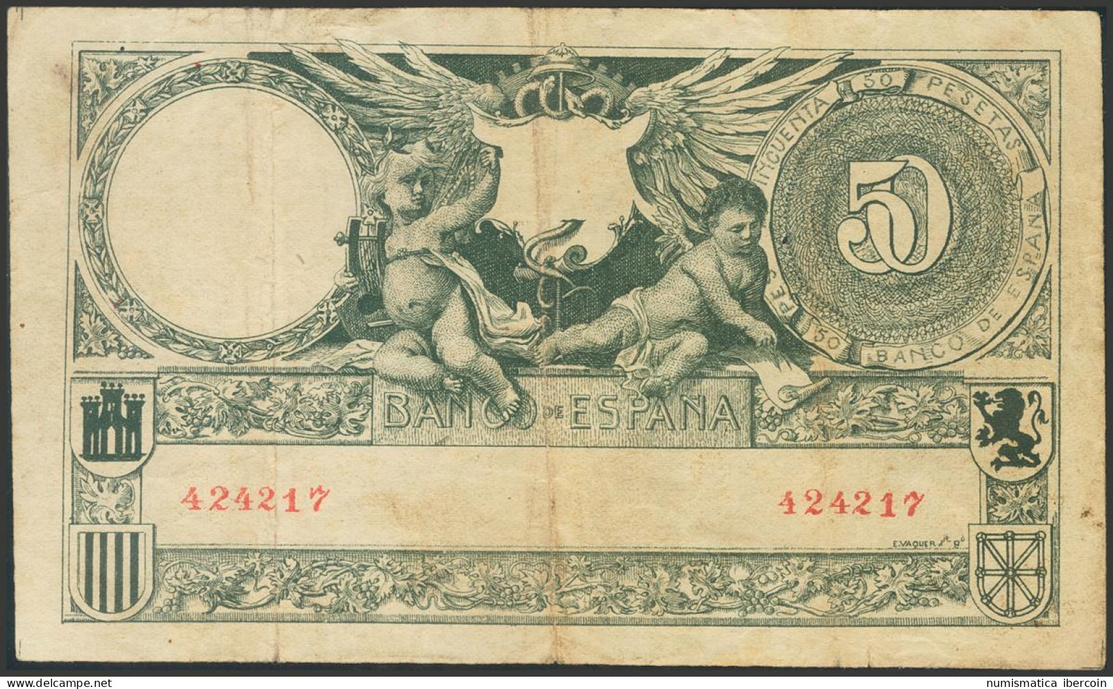 50 Pesetas Falso De Epoca. 19 De Marzo De 1905. Sin Serie. (Edifil 2017: 312f). - Altri & Non Classificati