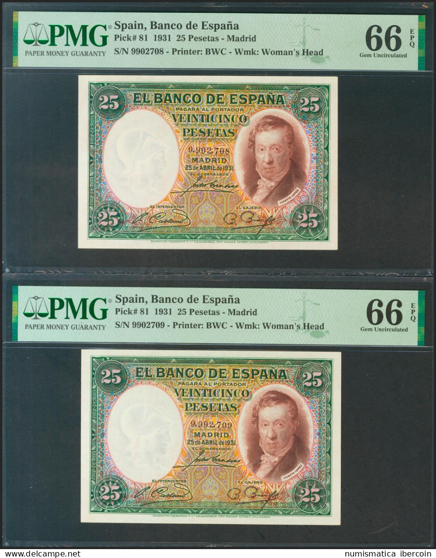 25 Pesetas. 25 De Abril De 1931. Pareja Correlativa. Sin Serie. (Edifil 2021: 3 - Sonstige & Ohne Zuordnung