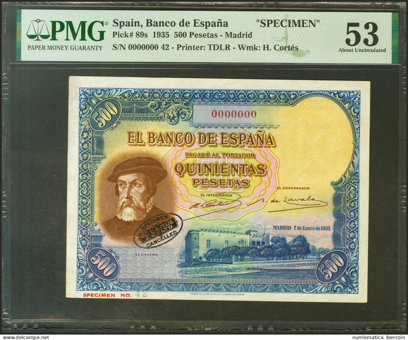 500 Pesetas. 7 De Enero De 1935. Specimen Nº42, Numeración 0000000, Marca En Ne - Altri & Non Classificati