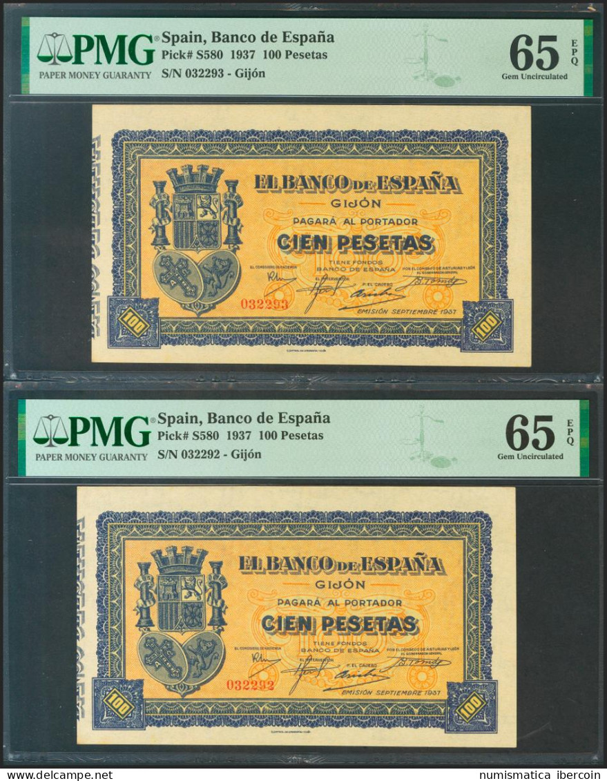 100 Pesetas. Septiembre 1937. Pareja Correlativa. Sin Serie. (Edifil 2021: 399, - Other & Unclassified