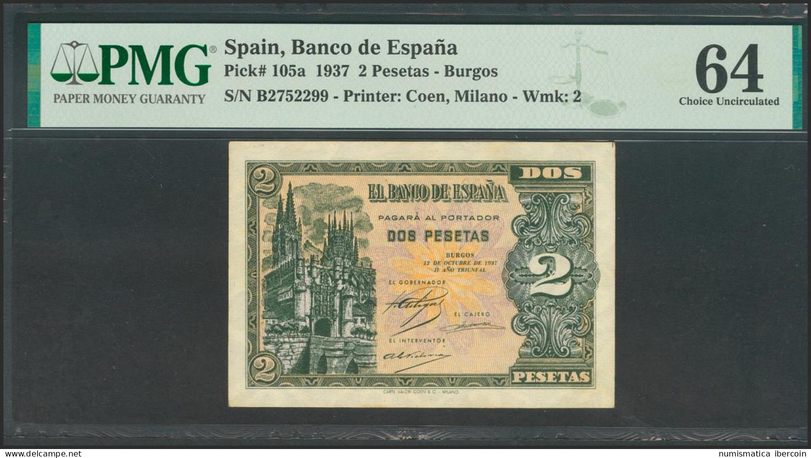 2 Pesetas. 12 De Octubre De 1937. Serie B. (Edifil 2017: 426a). SC. Encapsulado - Andere & Zonder Classificatie