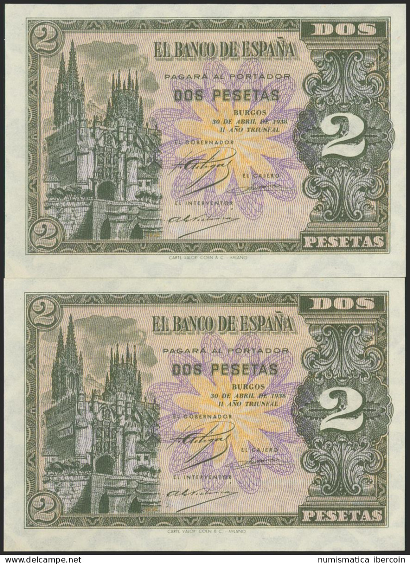 2 Pesetas. 30 De Abril De 1938. Pareja Correlativa. Serie H. (Edifil 2021: 429a - Otros & Sin Clasificación