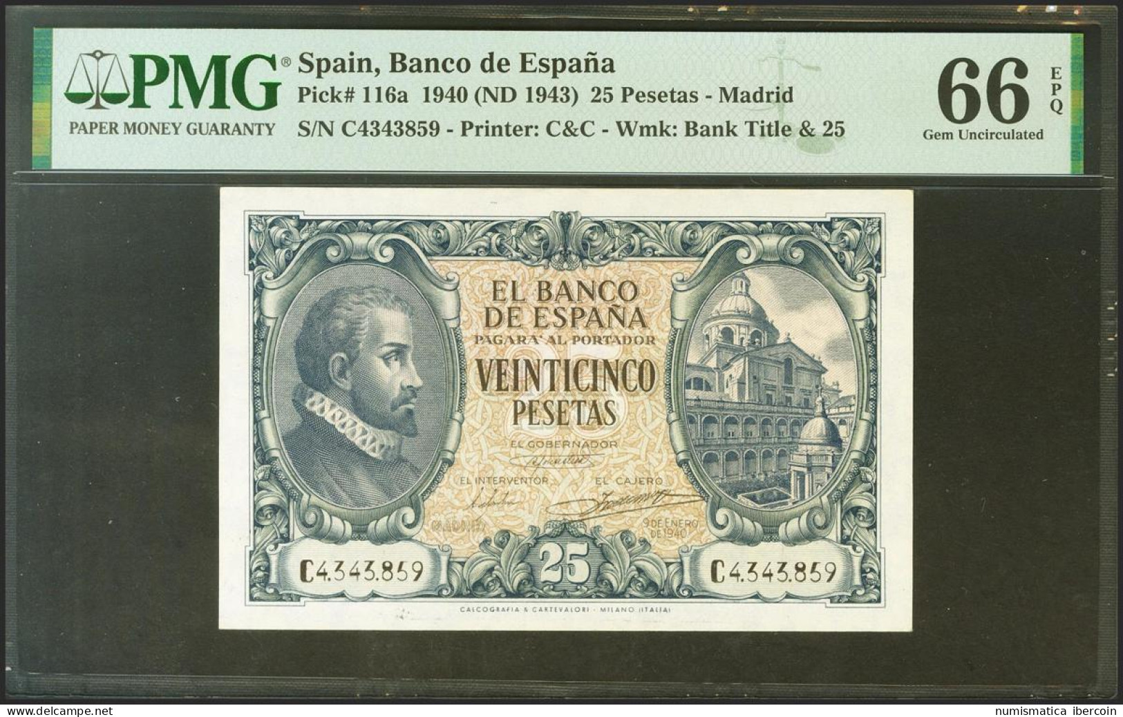 25 Pesetas. 9 De Enero De 1940. Serie C. (Edifil 2021: 436a). Raro En Esta Exce - Sonstige & Ohne Zuordnung