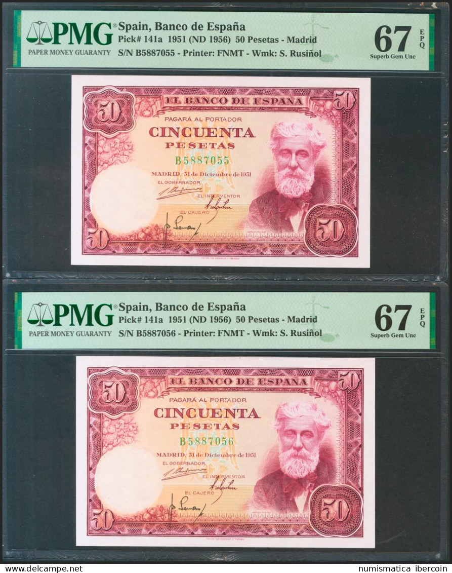 50 Pesetas. 31 De Diciembre De 1951. Pareja Correlativa. Serie B. (Edifil 2021: - Otros & Sin Clasificación