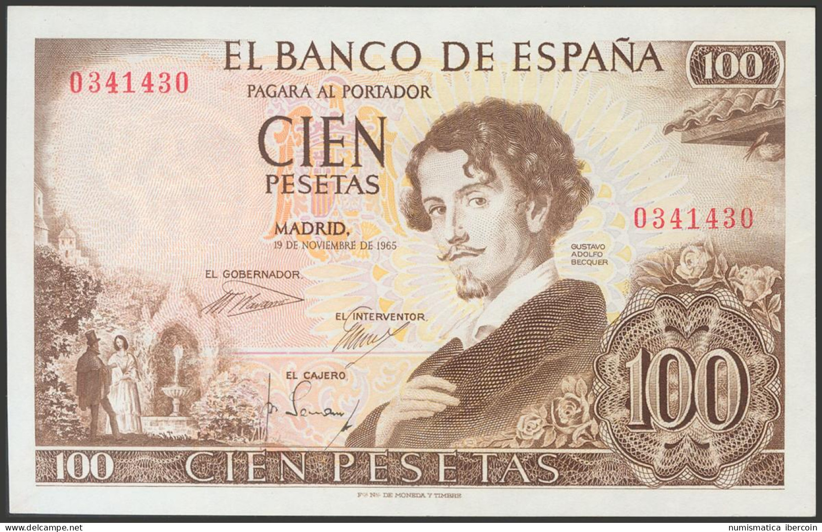 100 Pesetas. 19 De Noviembre De 1965. Sin Serie Y Numeración Capicúa 0341430. ( - Andere & Zonder Classificatie