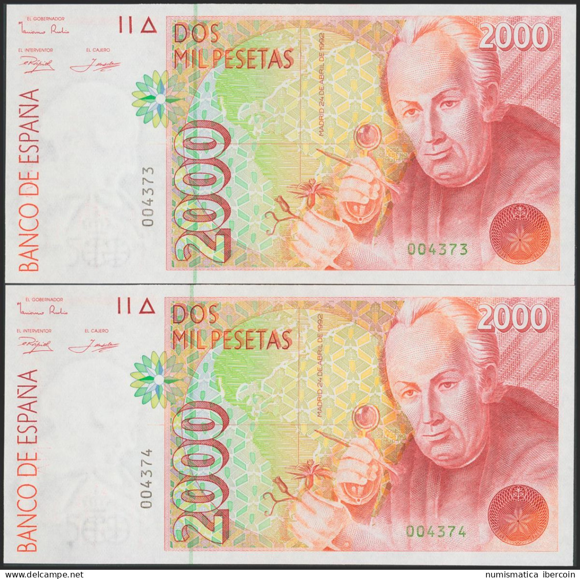 2000 Pesetas. 24 De Abril De 1992. Pareja Correlativa. Sin Serie Y Numeración B - Autres & Non Classés