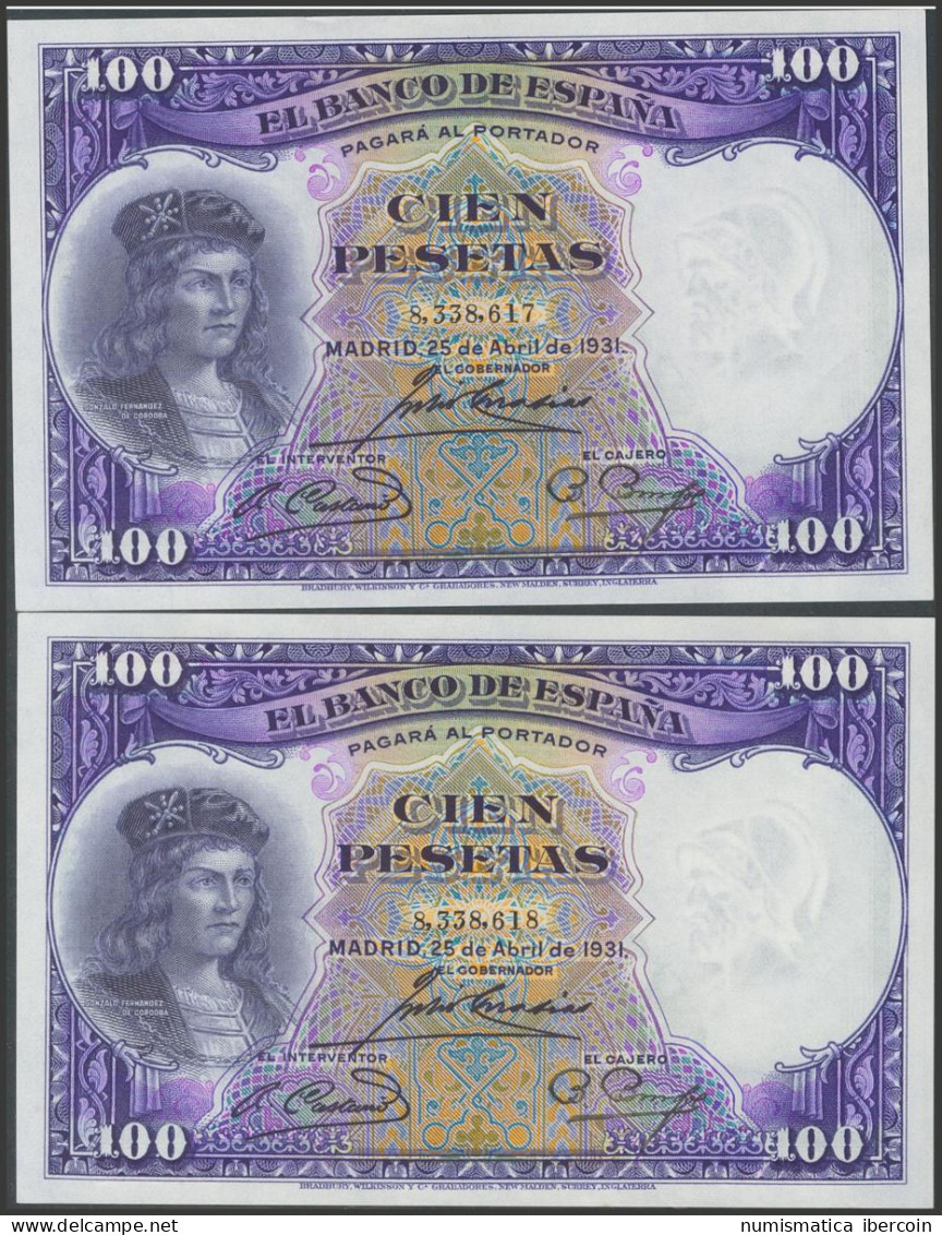 100 Pesetas. 25 De Abril De 1931. Pareja Correlativa. Sin Serie. (Edifil 2017:  - Altri & Non Classificati