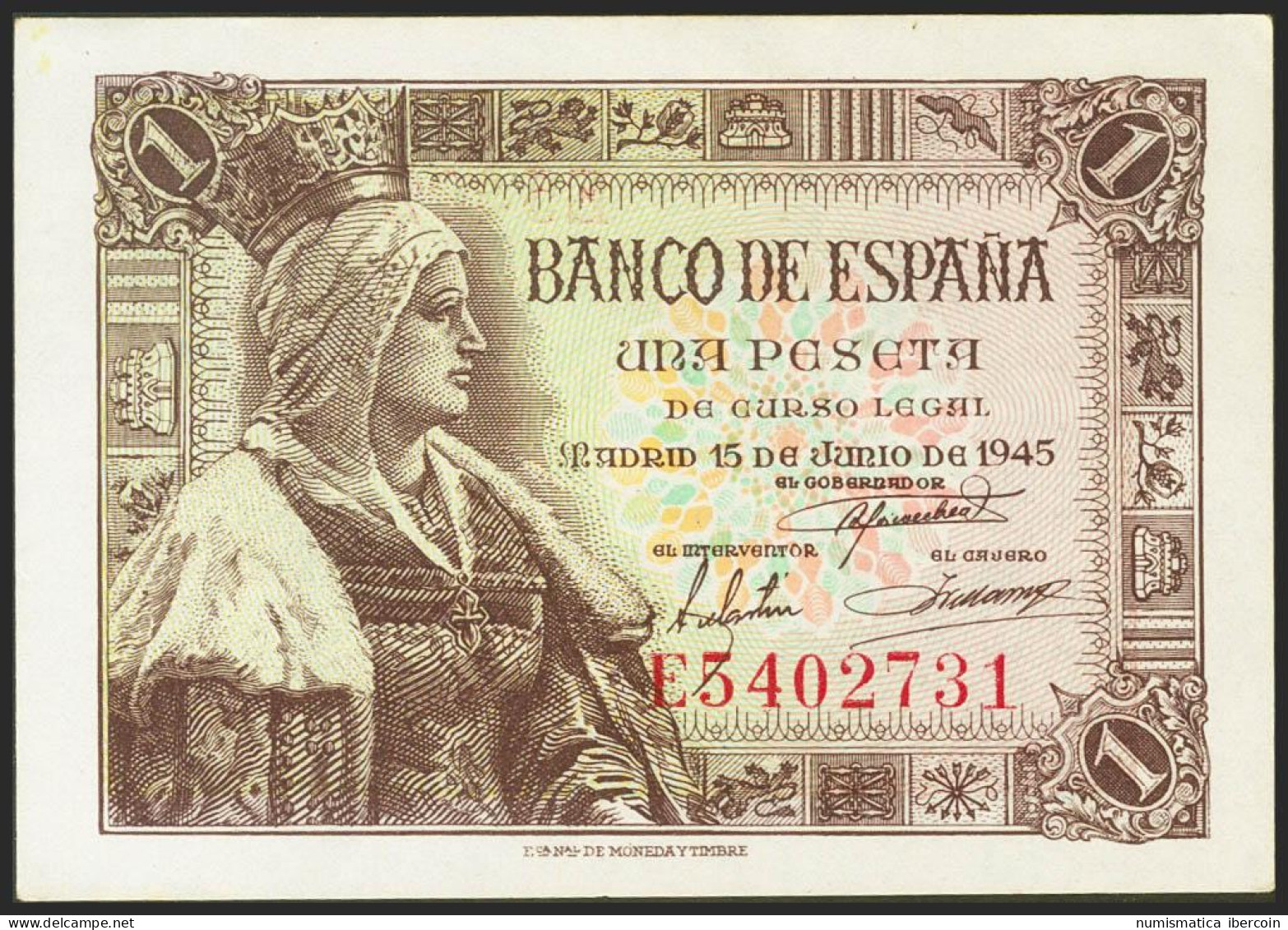 1 Peseta. 15 De Junio De 1945. Serie E. (Edifil 2021: 448a). Apresto Original.  - Altri & Non Classificati