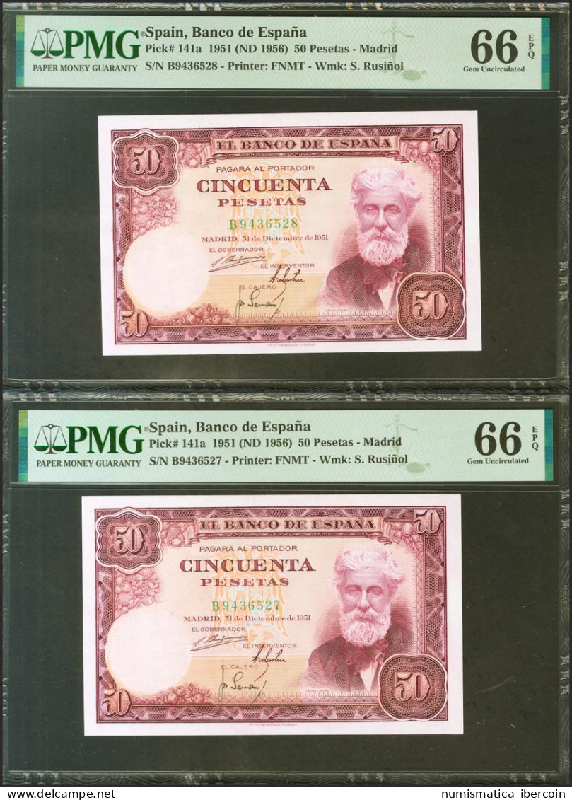 50 Pesetas. 31 De Diciembre De 1951. Pareja Correlativa. Serie B. (Edifil 2021: - Autres & Non Classés