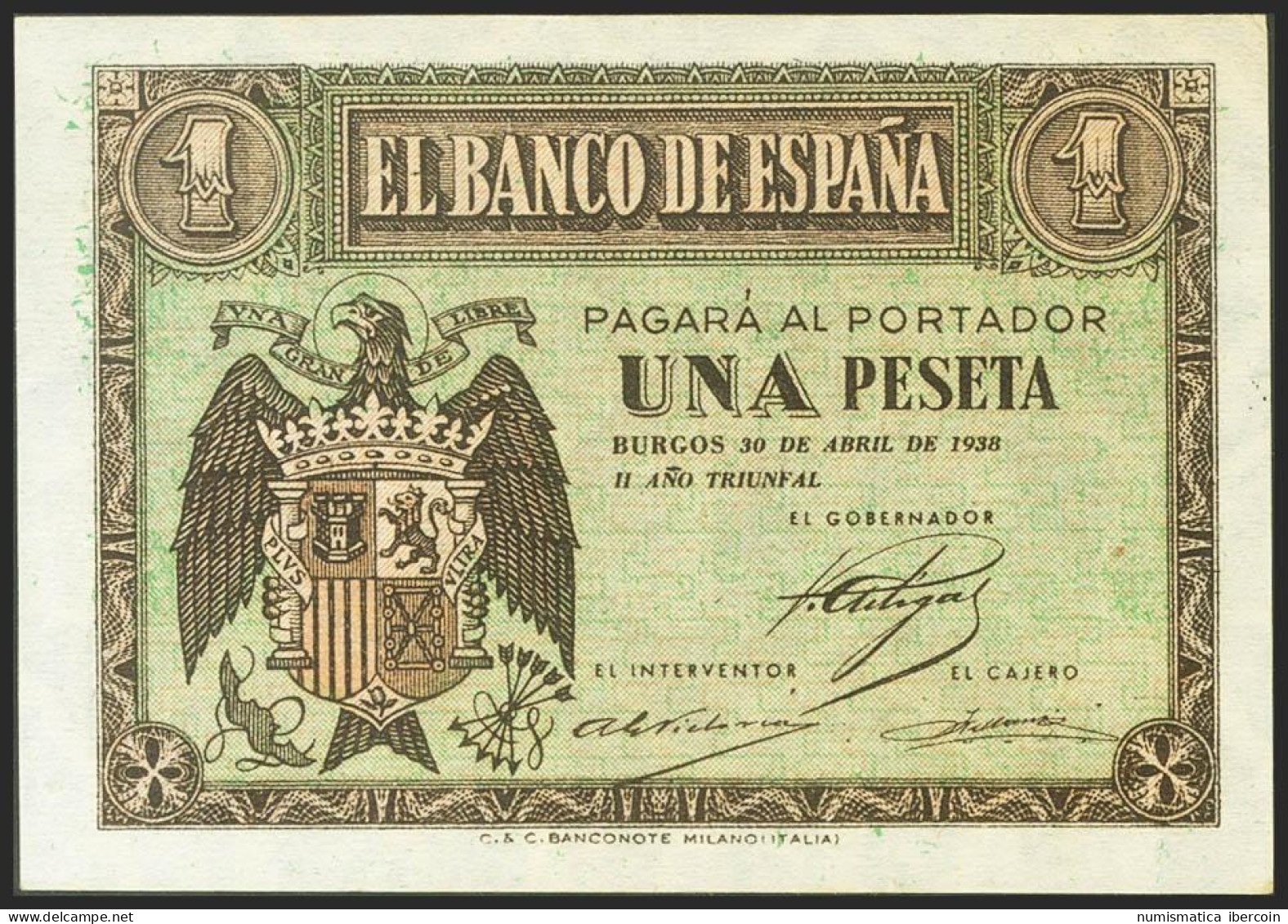 1 Peseta. 30 De Abril De 1938. Serie H. (Edifil 2021: 428a). Apresto Original.  - Other & Unclassified