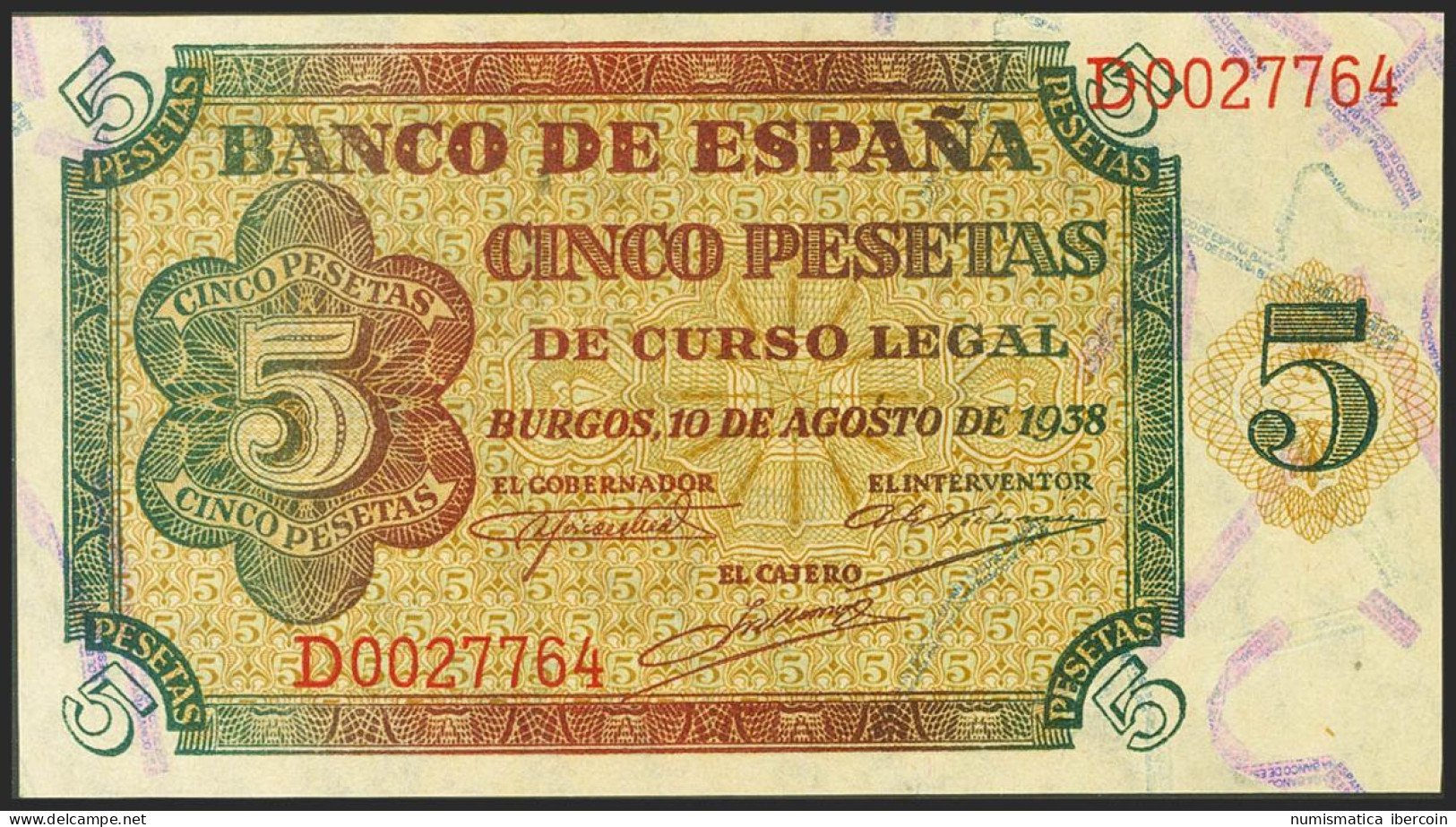 5 Pesetas. 10 De Agosto De 1938. Serie D. (Edifil 2021: 435a). Apresto Original - Andere & Zonder Classificatie