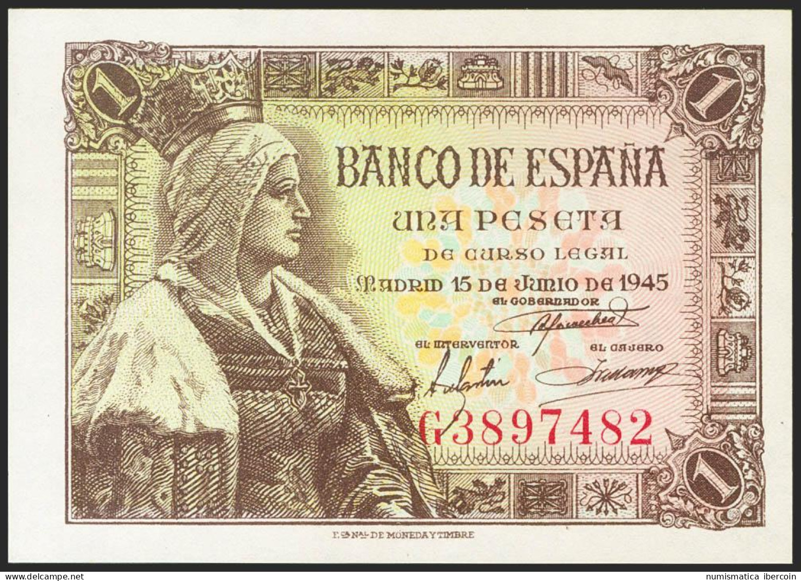 1 Peseta. 15 De Junio De 1945. Serie G. (Edifil 2021: 448a). Apresto Original.  - Autres & Non Classés