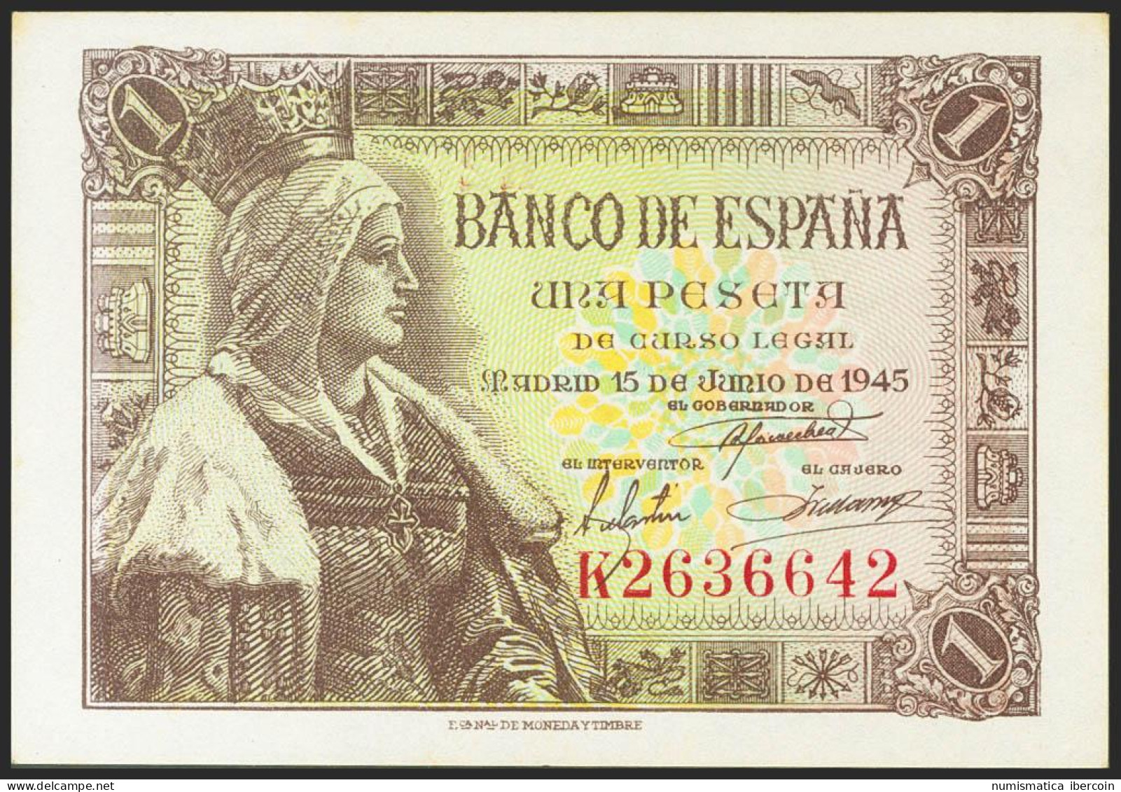 1 Peseta. 15 De Junio De 1945. Serie K. (Edifil 2021: 448a). Apresto Original.  - Autres & Non Classés