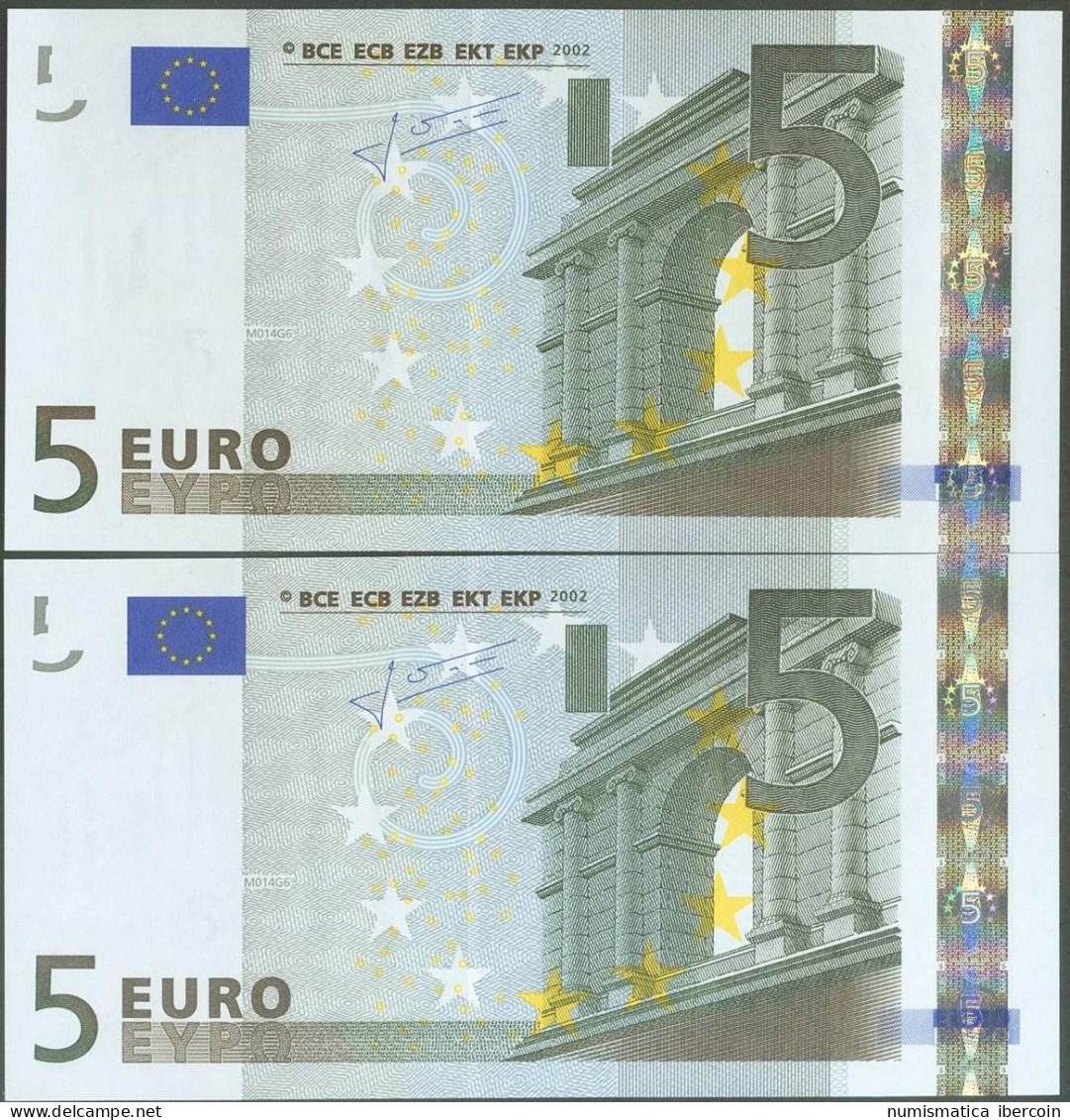 5 Euros. 1 De Enero De 2002. Pareja Correlativa. Firma Trichet. Serie V (España - Autres & Non Classés