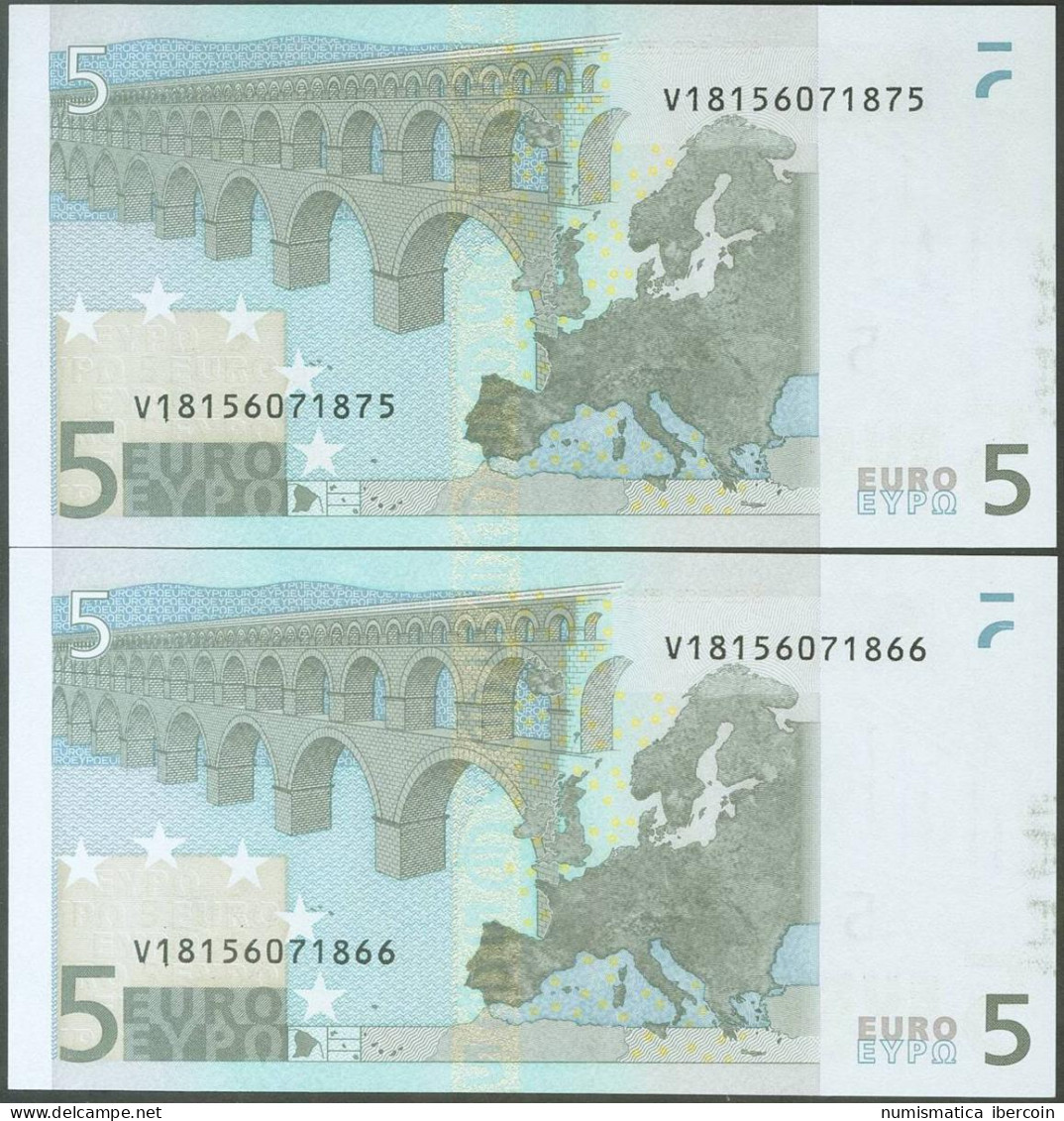 5 Euros. 1 De Enero De 2002. Pareja Correlativa. Firma Trichet. Serie V (España - Autres & Non Classés