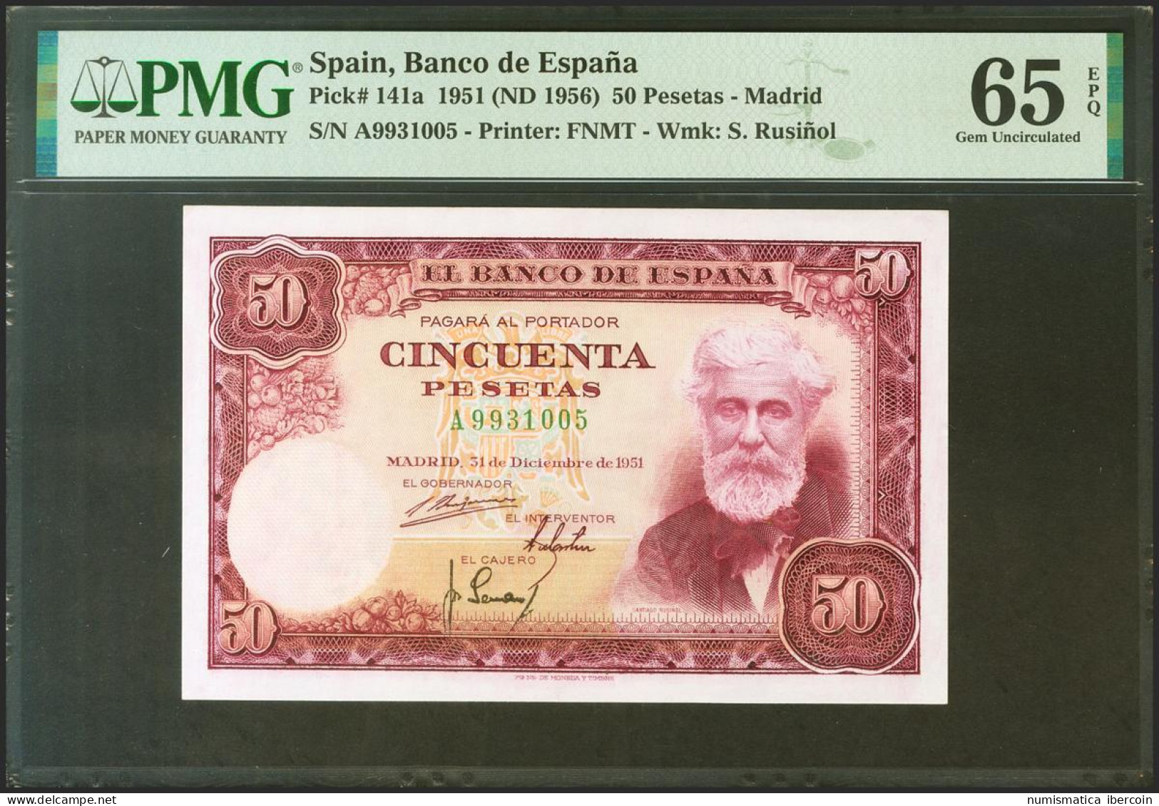 50 Pesetas. 31 De Diciembre De 1951. Serie A. (Edifil 2021: 462a, Pick: 141a).  - Other & Unclassified