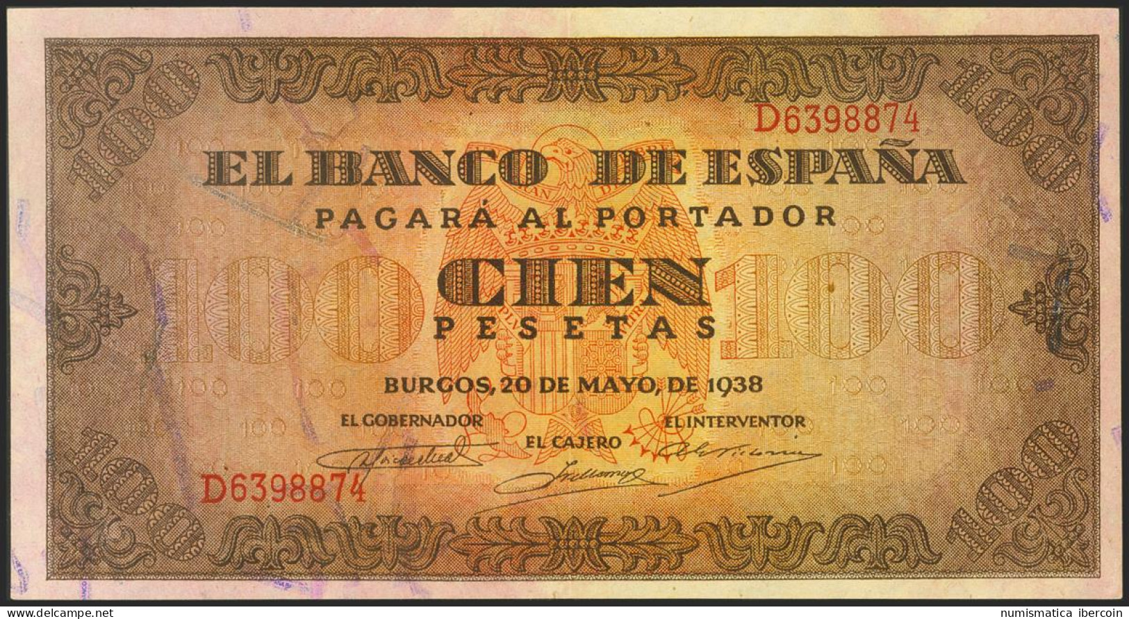 100 Pesetas. 20 De Mayo De 1938. Serie D. (Edifil 2021: 432a). Conserva Gran Pa - Otros & Sin Clasificación