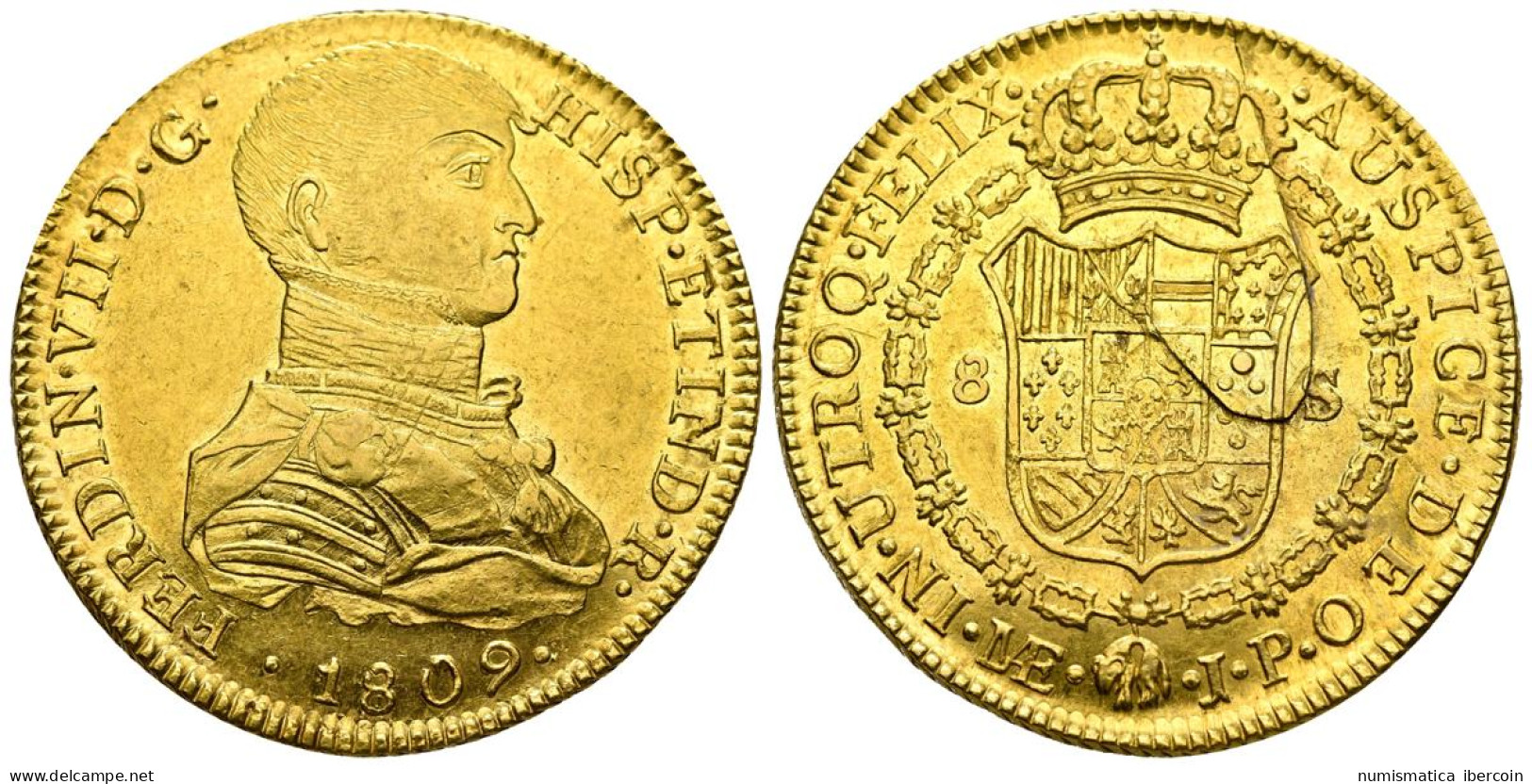 FERNANDO VII (1808-1833). 8 Escudos. (Au. 26,98g/37mm). 1809. Lima JP. Busto In - Provinciale Munten