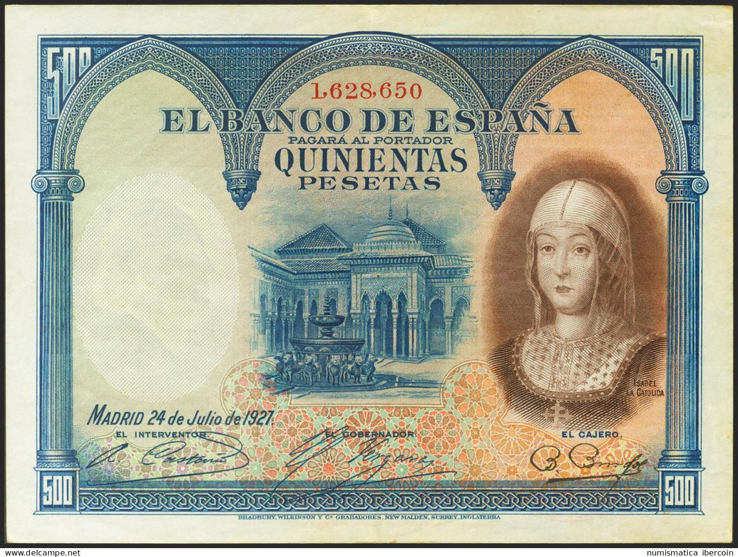 500 Pesetas. 24 De Julio De 1927. Sin Serie Y Numeración Posterior A 1602000. ( - Otros & Sin Clasificación