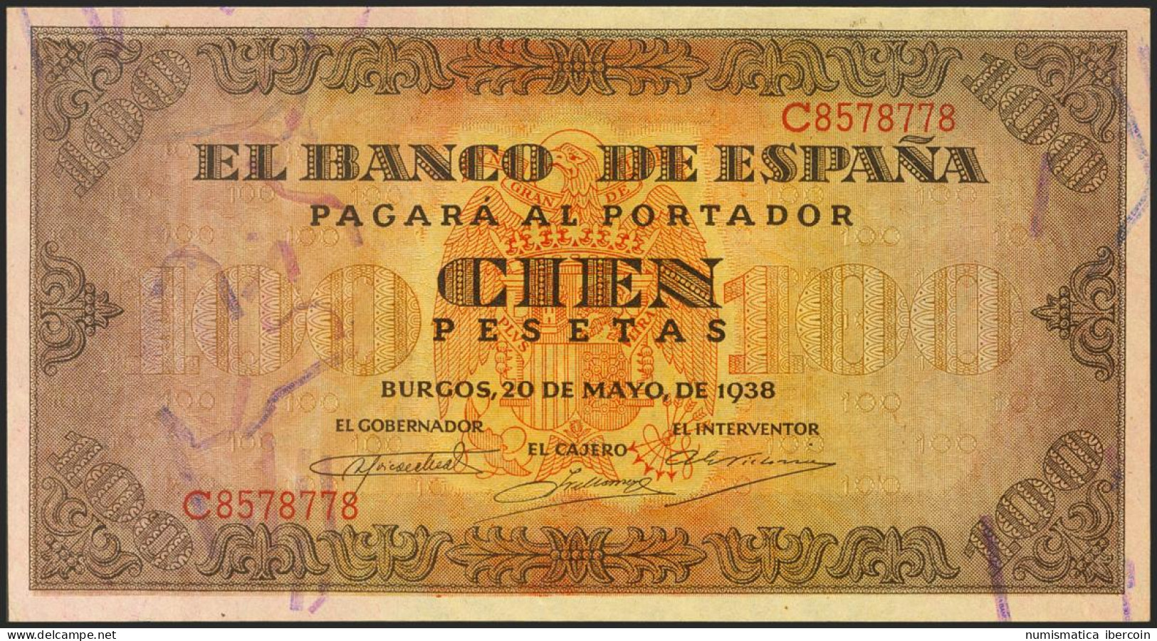 100 Pesetas. 20 De Mayo De 1938. Serie C. (Edifil 2021: 432a). Conserva Gran Pa - Otros & Sin Clasificación