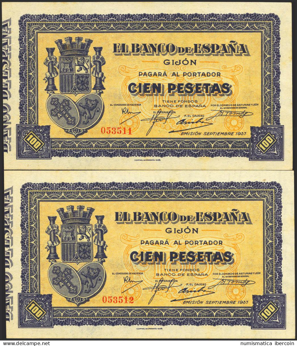 100 Pesetas. Septiembre 1937. Pareja Correlativa. Asturias Y León. Sin Serie. ( - Otros & Sin Clasificación