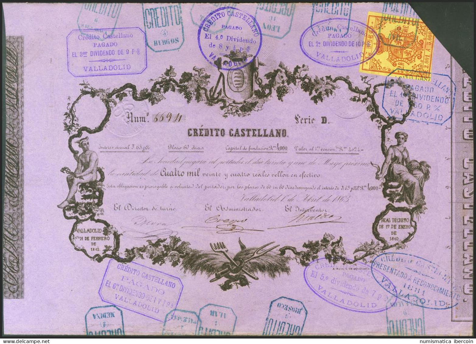 CREDITO CASTELLANO. 4024 Reales De Vellón. 21 De Febrero De 1862. Serie D Y Div - Andere & Zonder Classificatie