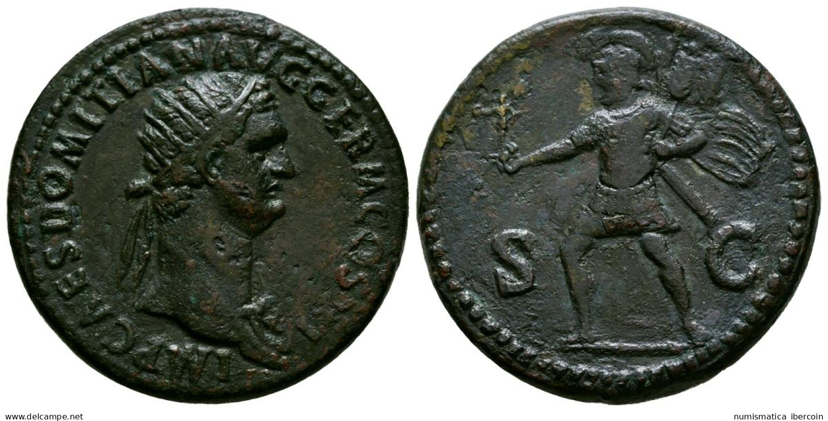 DOMICIANO. Dupondio. (Ae. 13,46g/28mm). 85 D.C. Roma. (RIC 293). Anv: Busto Rad - La Dinastía Flavia (69 / 96)