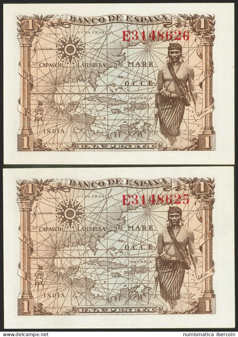 1 Peseta. 15 De Junio De 1945. Pareja Correlativa. Serie E. (Edifil 2021: 448a) - Otros & Sin Clasificación