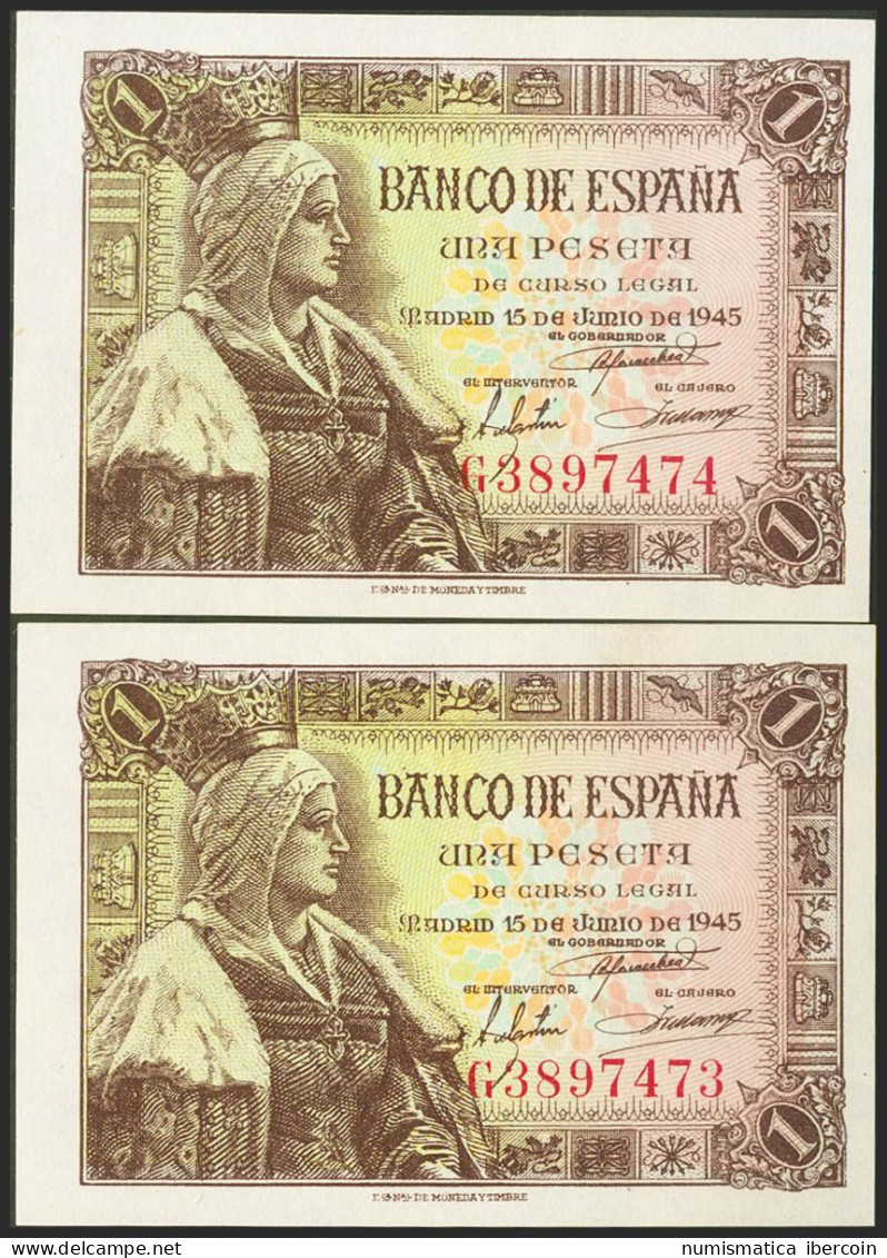 1 Peseta. 15 De Junio De 1945. Pareja Correlativa. Serie G. (Edifil 2021: 448a) - Autres & Non Classés