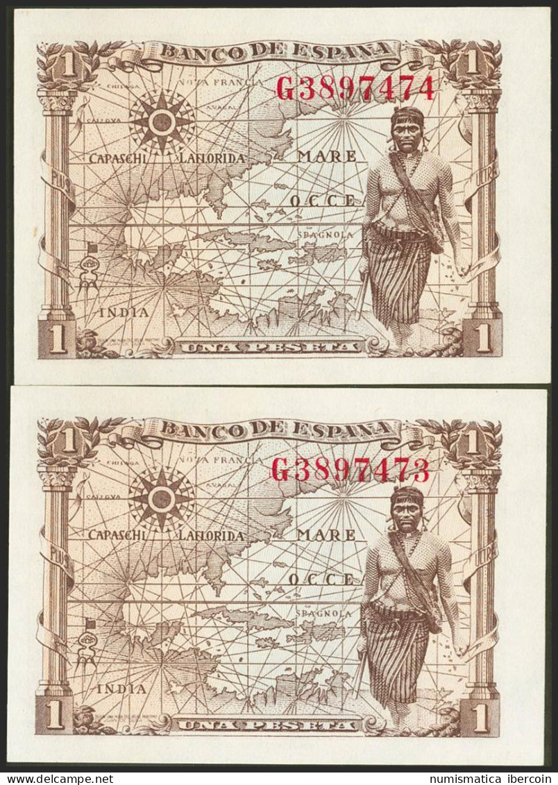 1 Peseta. 15 De Junio De 1945. Pareja Correlativa. Serie G. (Edifil 2021: 448a) - Andere & Zonder Classificatie