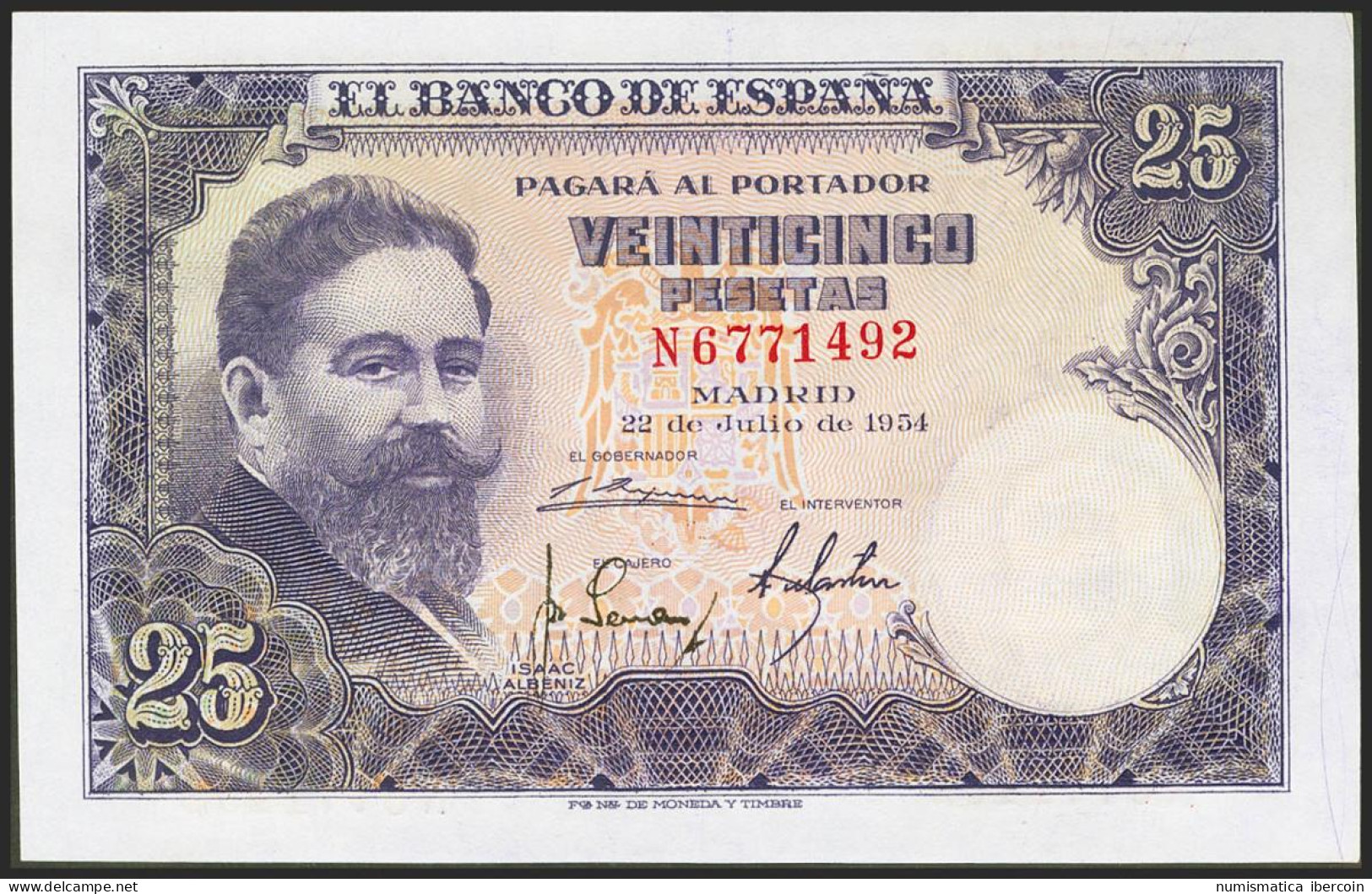 25 Pesetas. 22 De Julio De 1954. Serie N. (Edifil 2021: 467a). Conserva Todo Su - Autres & Non Classés