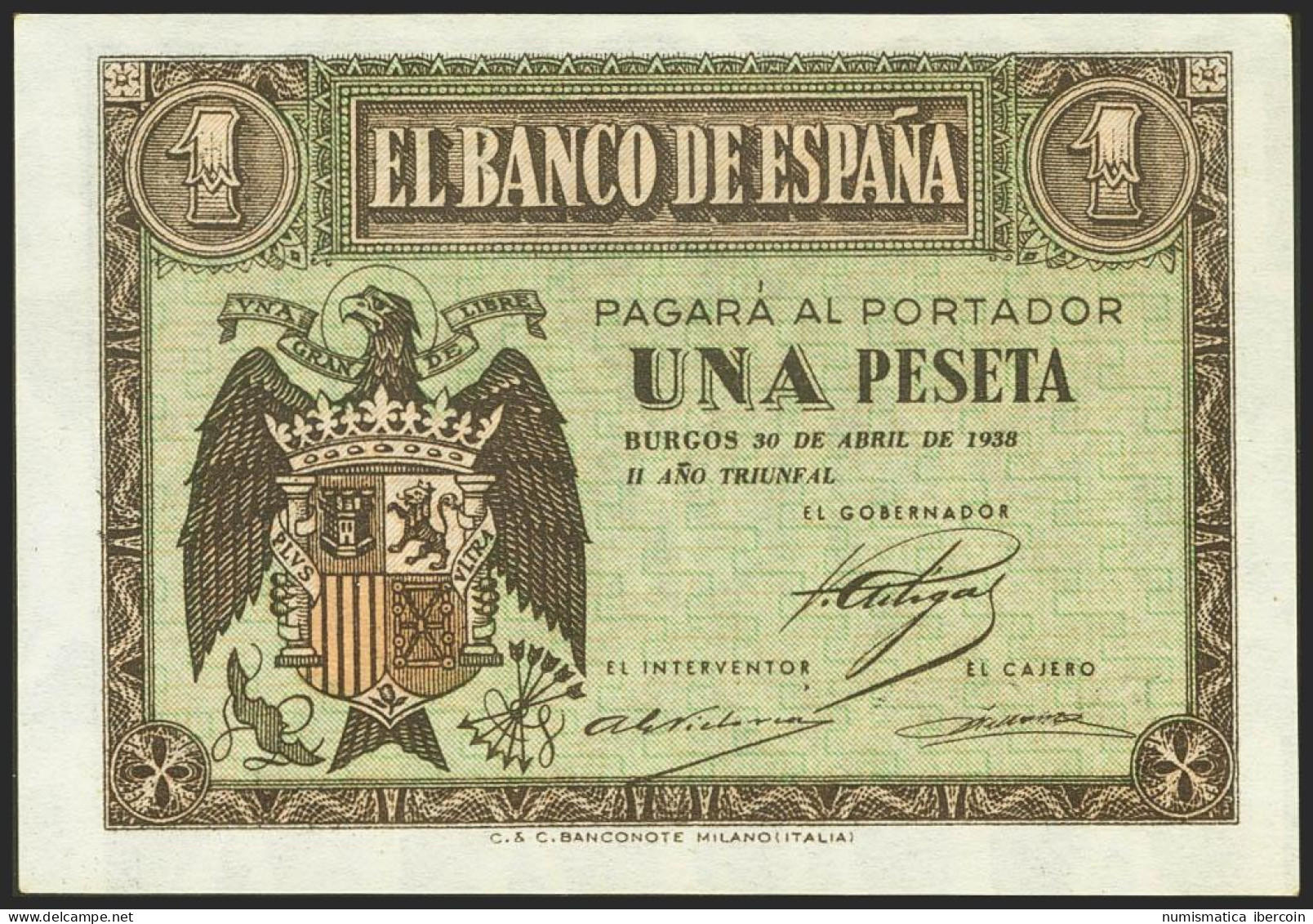 1 Peseta. 30 De Abril De 1938. Serie F. (Edifil 2017: 428a). Apresto Original.  - Altri & Non Classificati