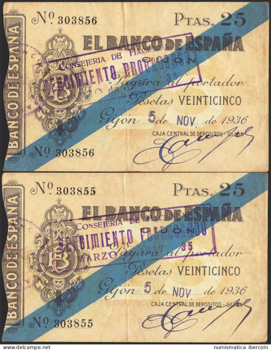 25 Pesetas. 5 De Noviembre De 1936. Sucursal De Gijón. Pareja Correlativa. Sin  - Otros & Sin Clasificación