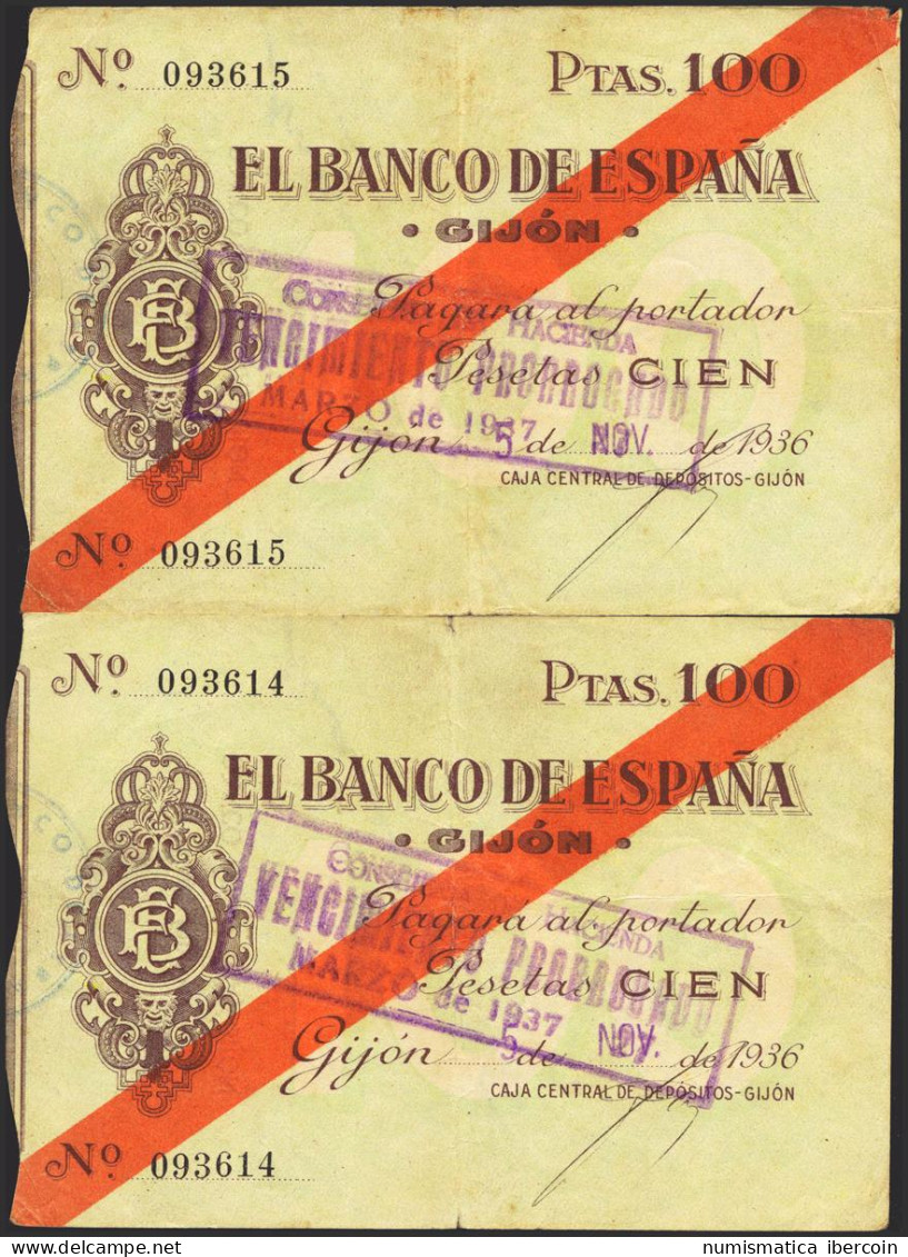 100 Pesetas. 5 De Noviembre De 1936. Sucursal De Gijón. Pareja Correlativa. Sin - Altri & Non Classificati