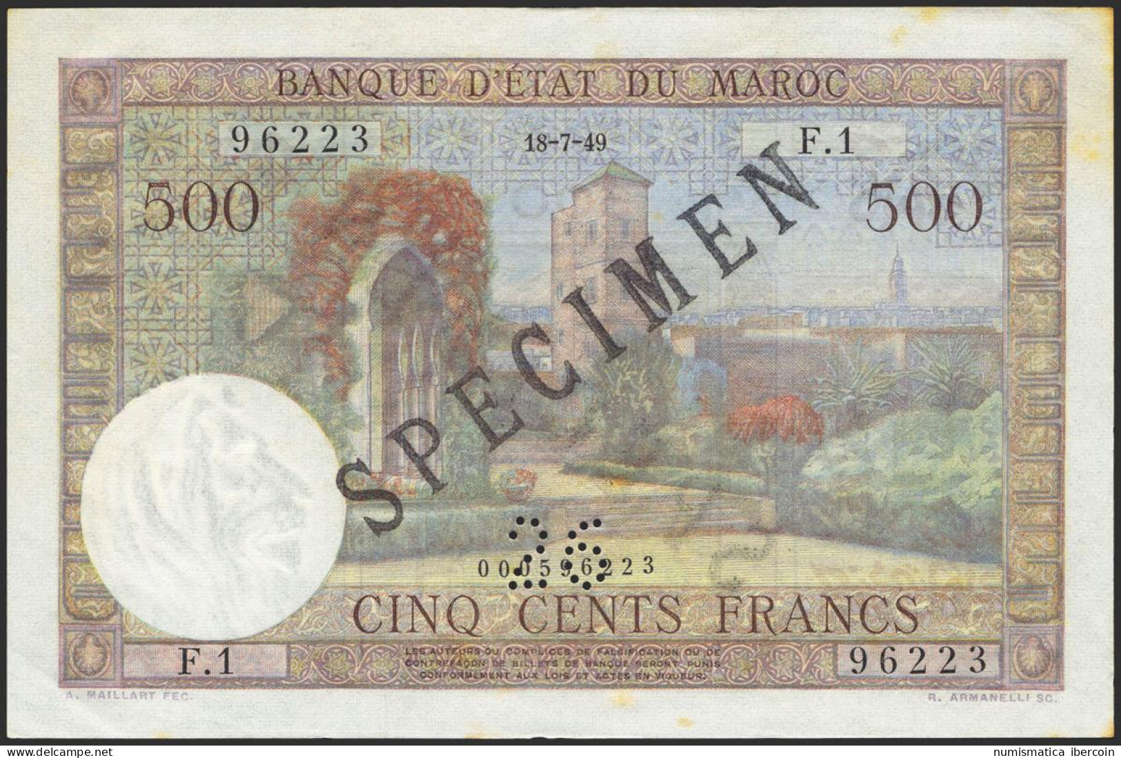 MOROCCO. 500 Francs. 18 July 1949. SPECIMEN And Perforated 26. (Pick: 46s). Spo - Autres & Non Classés
