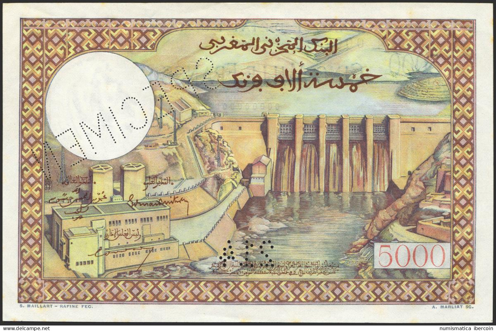 MOROCCO. 5000 Francs. (1953ca). SPECIMEN, Perforated 214 And Numbering 00000000 - Autres & Non Classés