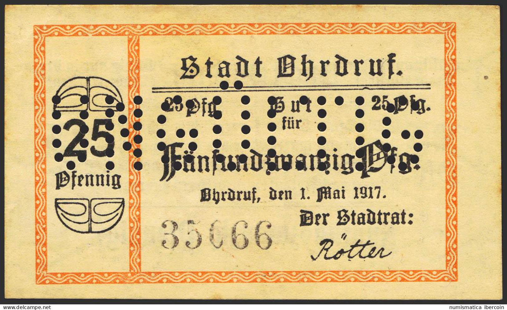 GERMANY. NOTGELD (OHDRUF). 25 Pfennig. 1917. Numbered, Not Stamped. UNGÜLTIG In - Sonstige & Ohne Zuordnung