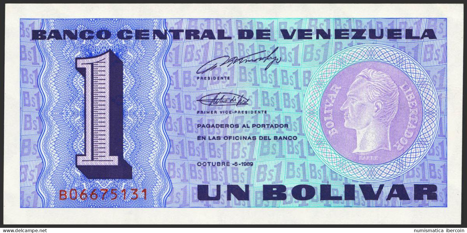 VENEZUELA. 1 Bolívar. 5 De Octubre De 1989. Firmado Por Pedro R. Tirico Hijo Y  - Andere & Zonder Classificatie