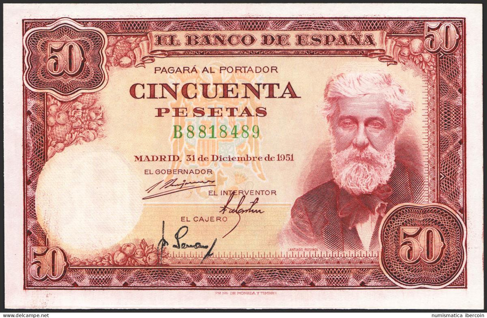 50 Pesetas. 31 De Diciembre De 1951. Serie B. (Edifil 2021: 462a). Apresto Orig - Autres & Non Classés