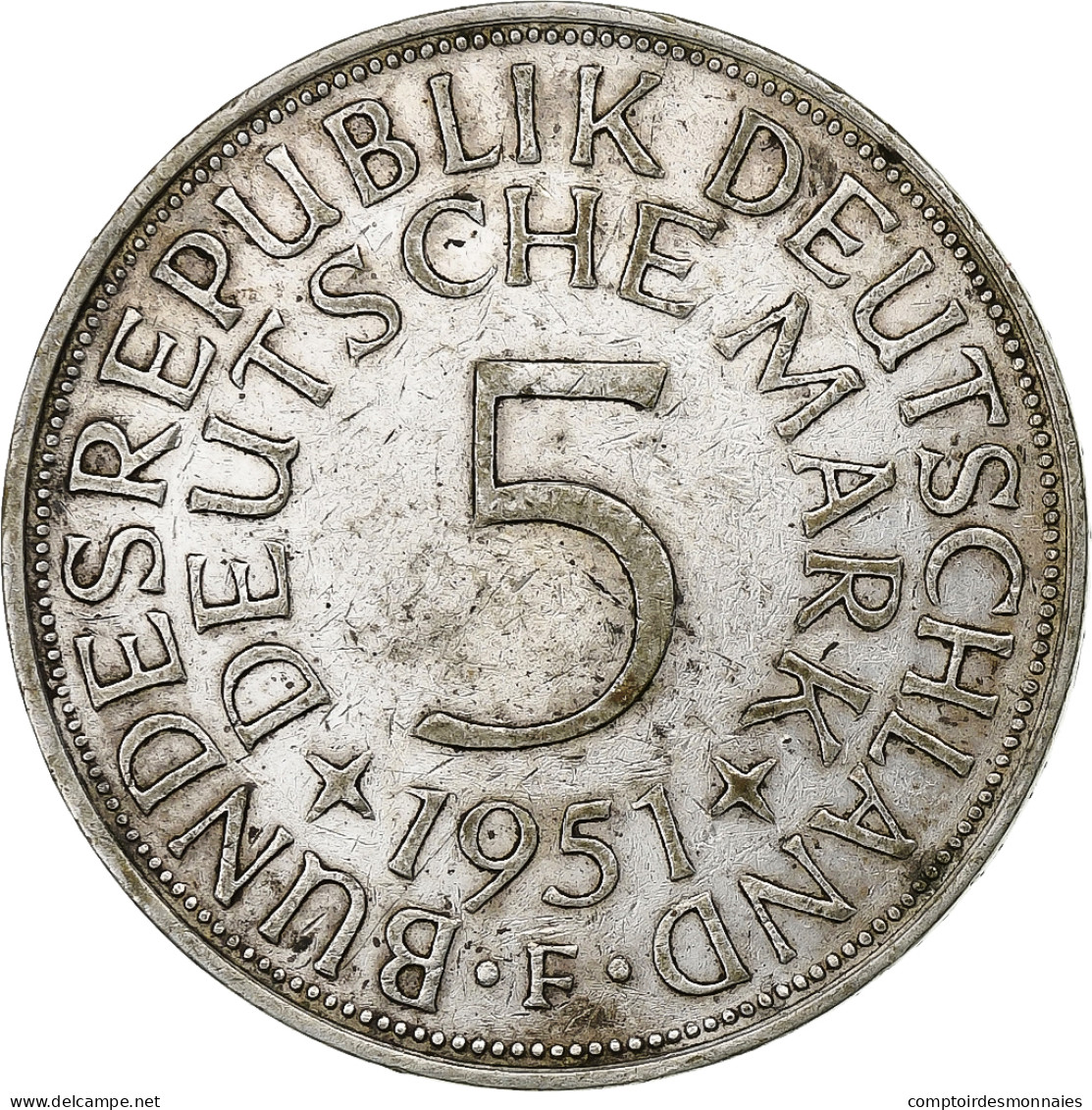 République Fédérale Allemande, 5 Mark, 1951, Stuttgart, Argent, TTB, KM:112.1 - 5 Marchi