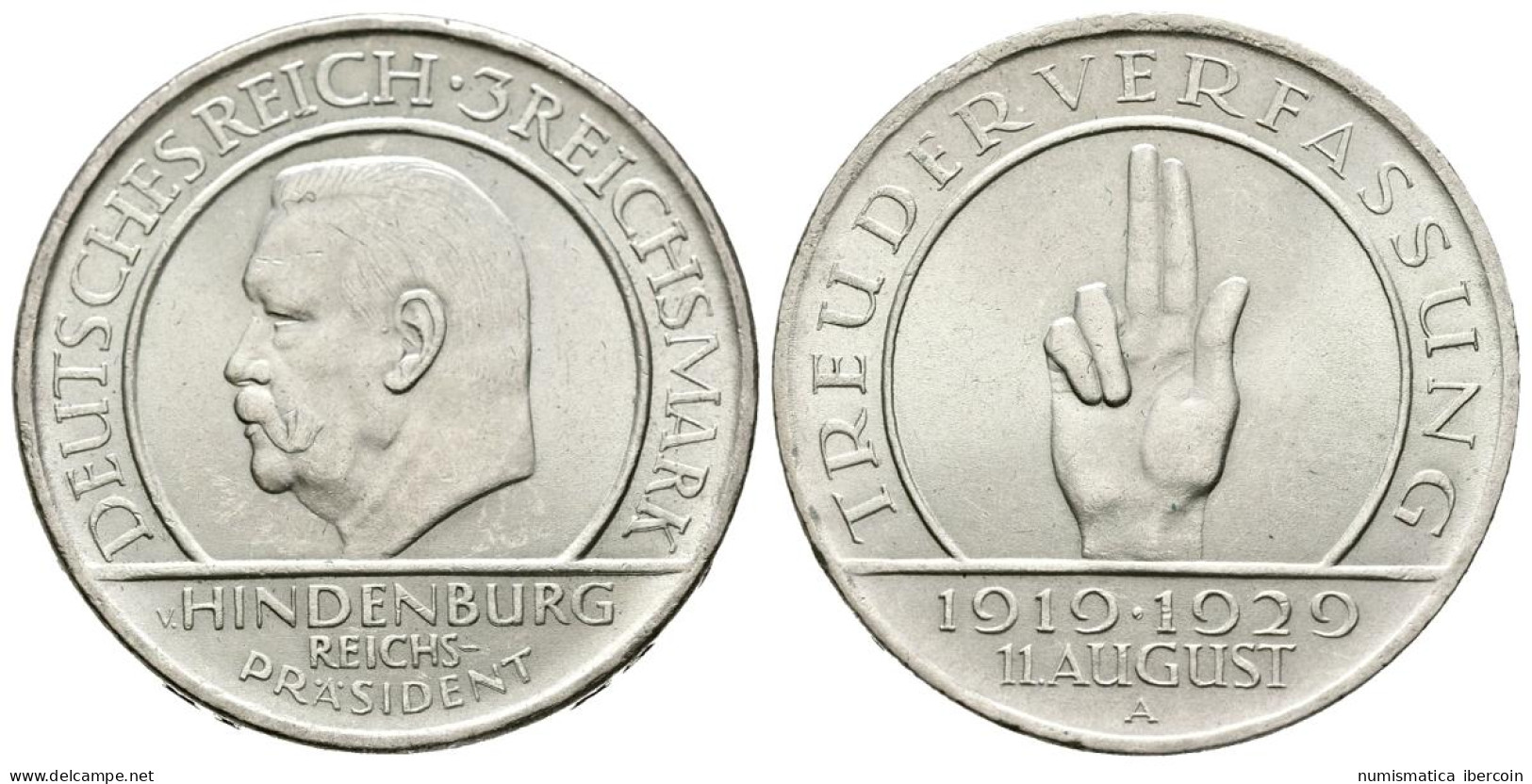 ALEMANIA. 3 Mark. (Ar. 15,02g/30mm). 1929. Berlín A. 10º Aniversario De La Cons - Andere & Zonder Classificatie