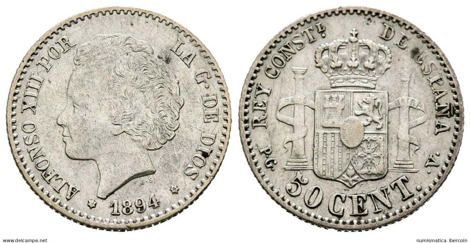 ALFONSO XIII (1885-1931). 50 Céntimos (Ar. 2,51g/18mm). 1894 *9-4.  Madrid PGV. - Provincial Currencies