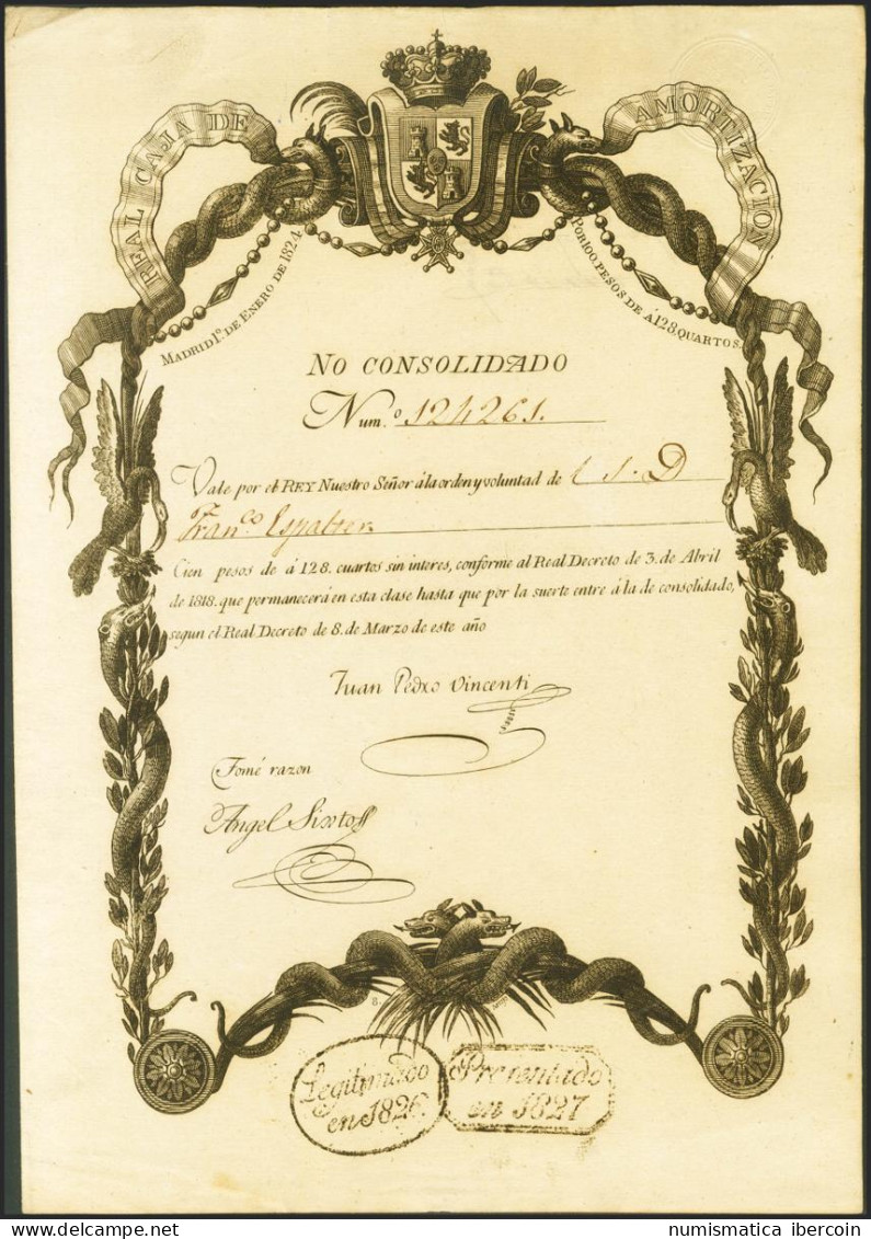 100 Pesos De A 128 Cuartos. 1 De Enero De 1824. Sin Serie Y Con Numeración. (no - Altri & Non Classificati