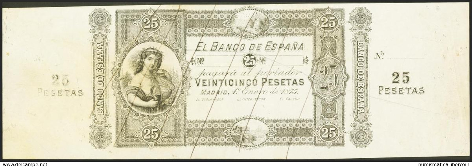 25 Pesetas. 1 De Enero De 1875. Prueba Del Anverso En Color Negro, Sin Firmas,  - Sonstige & Ohne Zuordnung