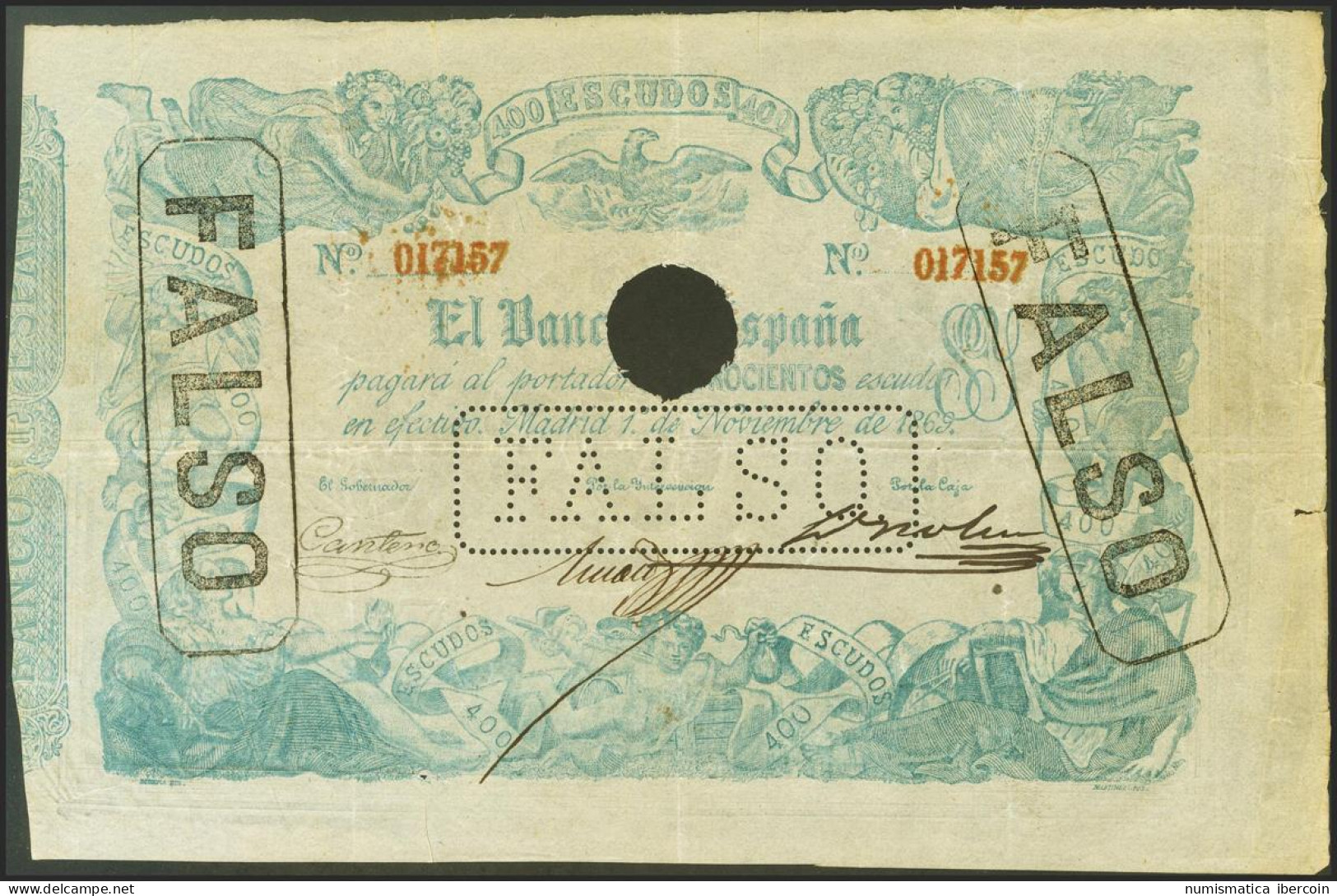 400 Escudos. 1 De Noviembre De 1869. Falso De Epoca. Sin Serie Y Taladrado (com - Sonstige & Ohne Zuordnung