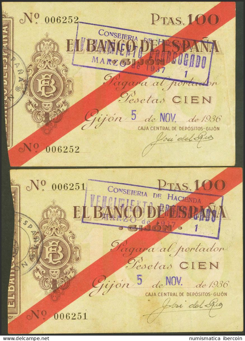 100 Pesetas. 5 De Noviembre De 1936. Sucursal De Gijón. Pareja Correlativa. Sin - Andere & Zonder Classificatie