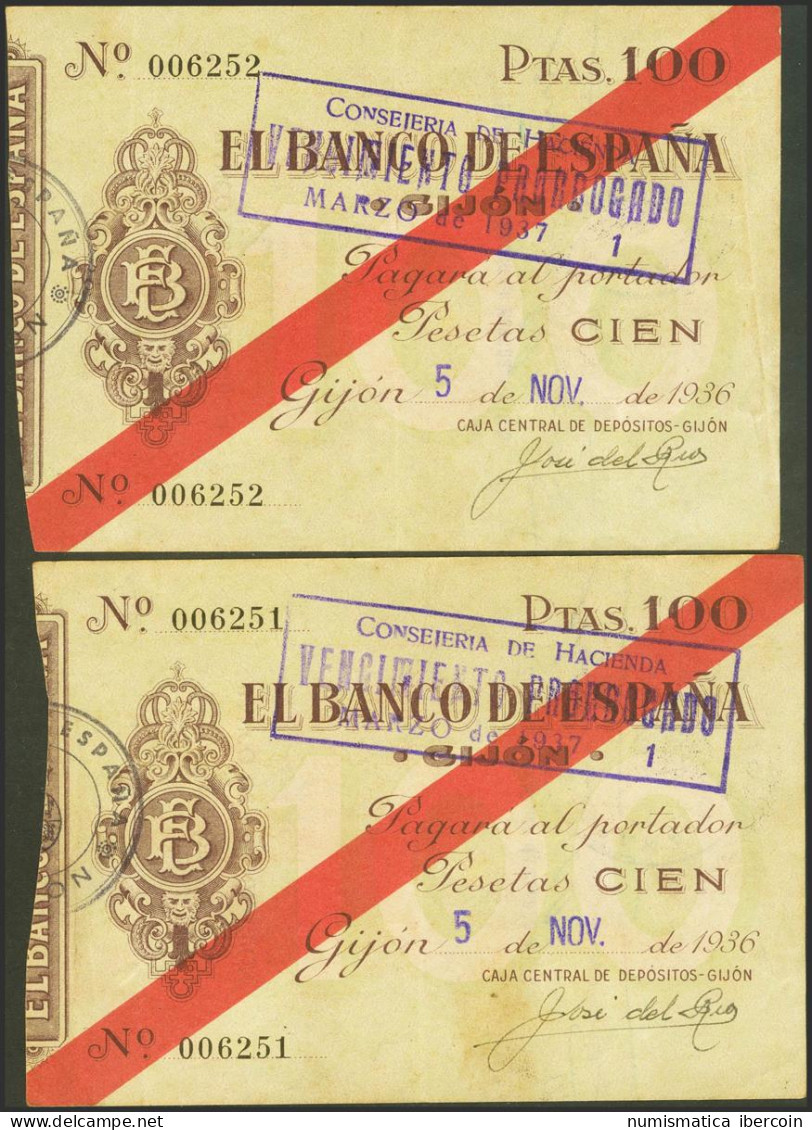 100 Pesetas. 5 De Noviembre De 1936. Sucursal De Gijón. Pareja Correlativa. Sin - Otros & Sin Clasificación