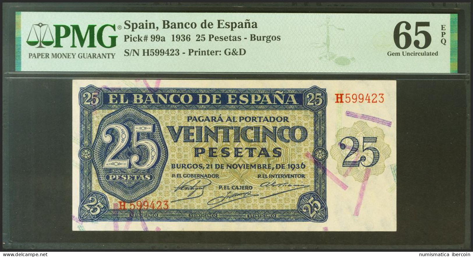 25 Pesetas. 21 De Noviembre De 1936. Serie H. (Edifil 2021: 419a, Pick: 99a). I - Andere & Zonder Classificatie