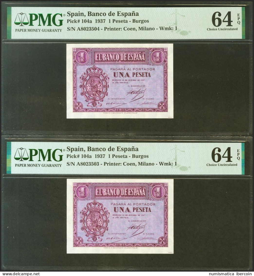 1 Peseta. 12 De Octubre De 1937. Pareja Correlativa. Serie A. (Edifil 2021: 425 - Autres & Non Classés